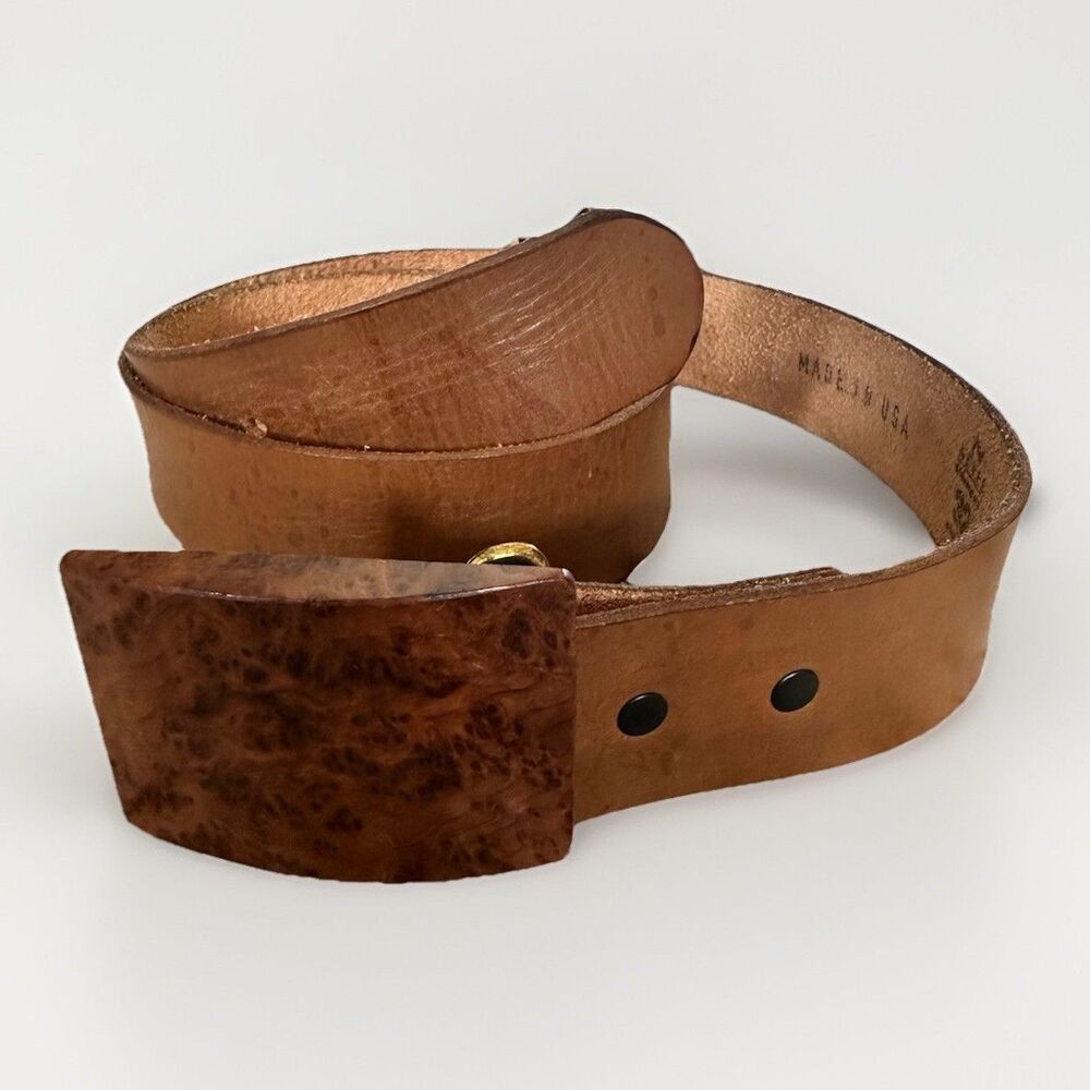 Modern Leather Belt  Burl Wood Buckle  32 Neve USA Made Nature Eco Aesthetic